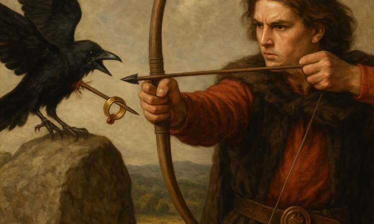 Archer shooting a raven with golden ring falling from it's beak